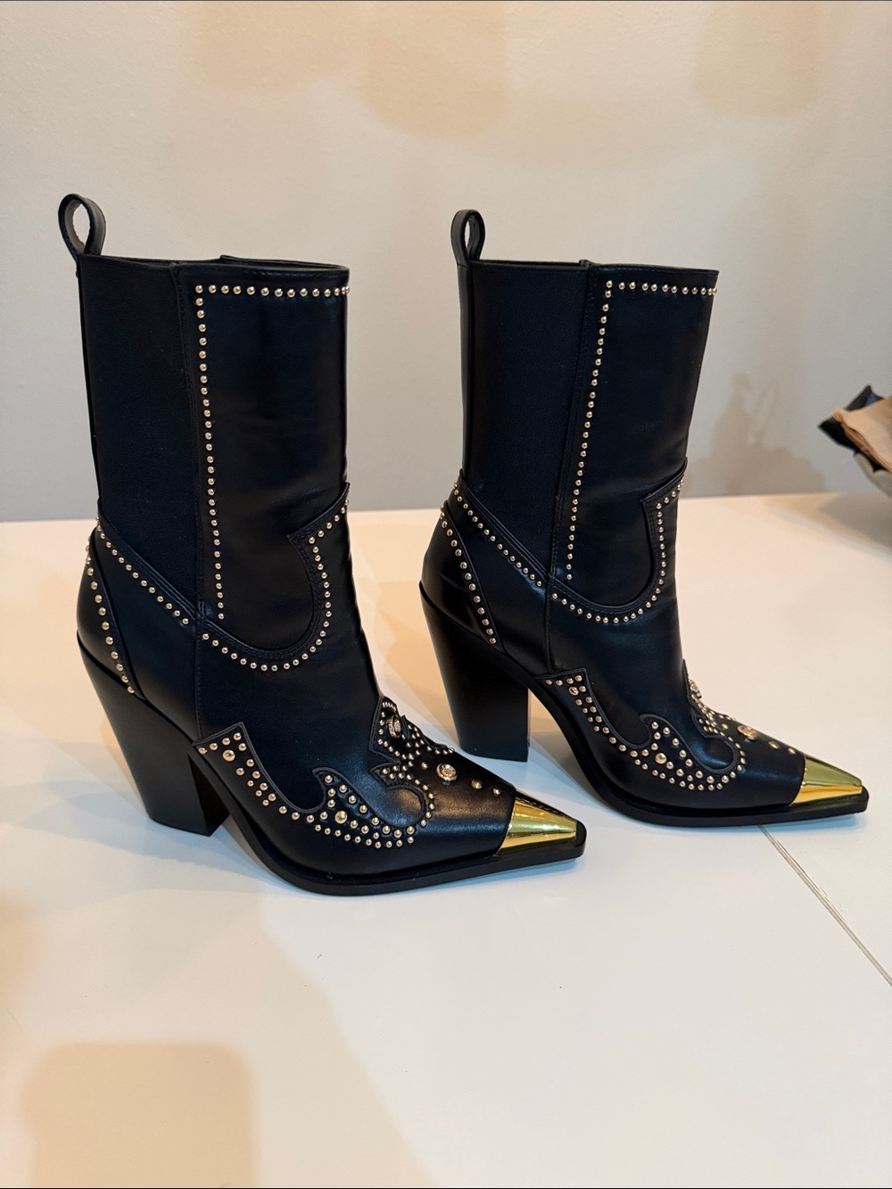 Black Studded Western Heeled Boots with Gold Toe Caps - Picture 3 of 6